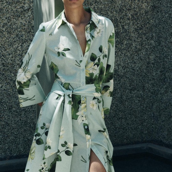 Zara Dresses & Skirts - ZARA FLORAL TIE MIDI SHIRTDRESS